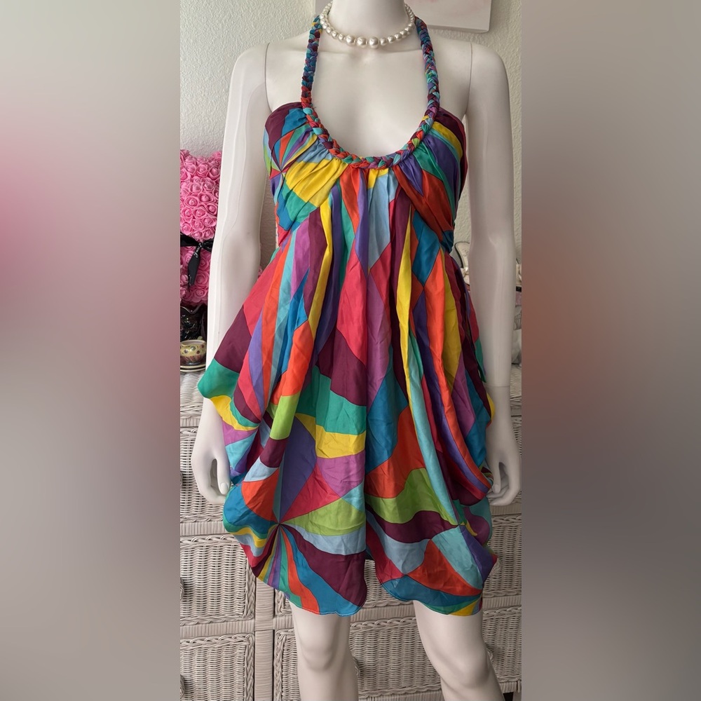 Mara Hoffman Mini Halter Dress Low Cut Silk  - Vibrant  Rainbow Colors Size 4